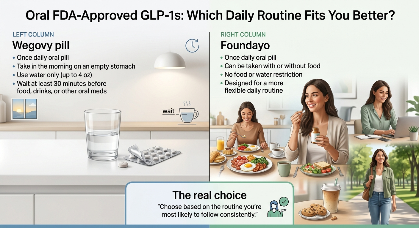Oral FDA-approved GLP-1s daily routine comparison: Wegovy pill requires once-daily morning dosing on empty stomach with up to 4 oz water and 30-minute wait, while Foundayo can be taken any time of day with or without food — the real choice is whichever routine you will follow consistently