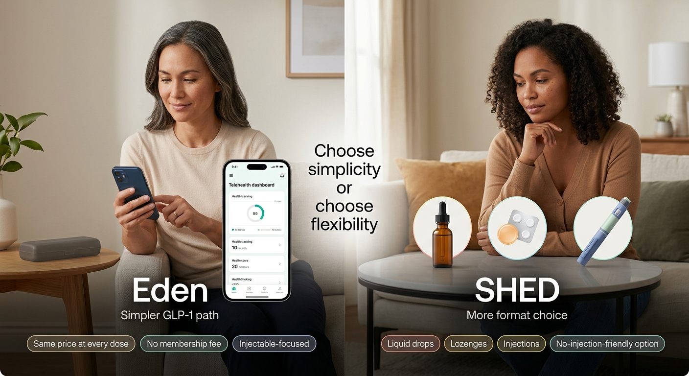 Eden versus SHED GLP-1 format choice comparison. Left side shows an Eden user on her phone — same price at every dose, no membership fee, injectable-focused GLP-1 path. Right side shows a SHED user with liquid drops, lozenges, and injection pen on the table — liquid drops, lozenges, injections, and a no-injection-friendly option. Center text: Choose simplicity or choose flexibility.