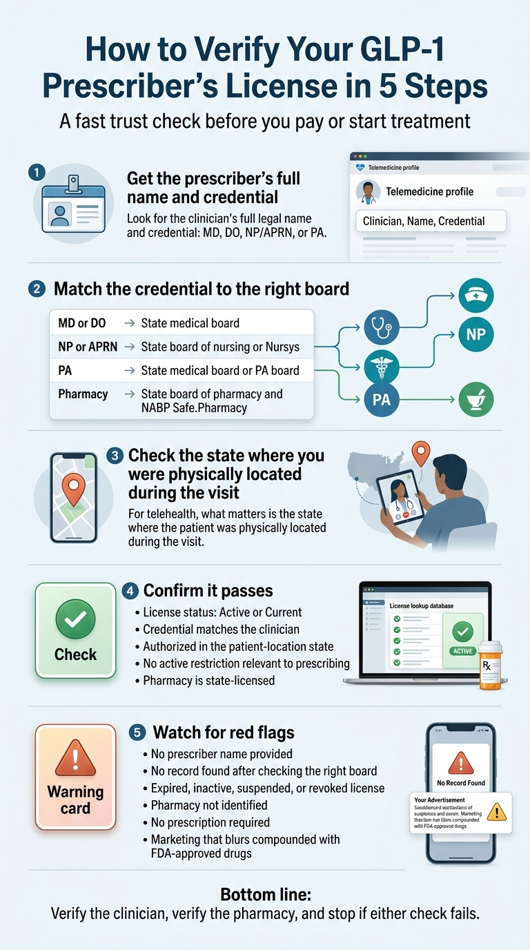 How to Verify Your GLP-1 Prescriber's License in 5 Steps — infographic showing: (1) get name and credential, (2) match credential to correct board, (3) check the state where you were located during the visit, (4) confirm it passes, (5) watch for red flags