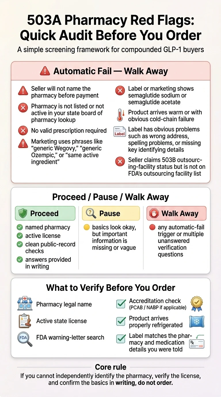 503A pharmacy red flags quick audit infographic: automatic fail conditions and Proceed/Pause/Walk Away framework for compounded GLP-1 buyers