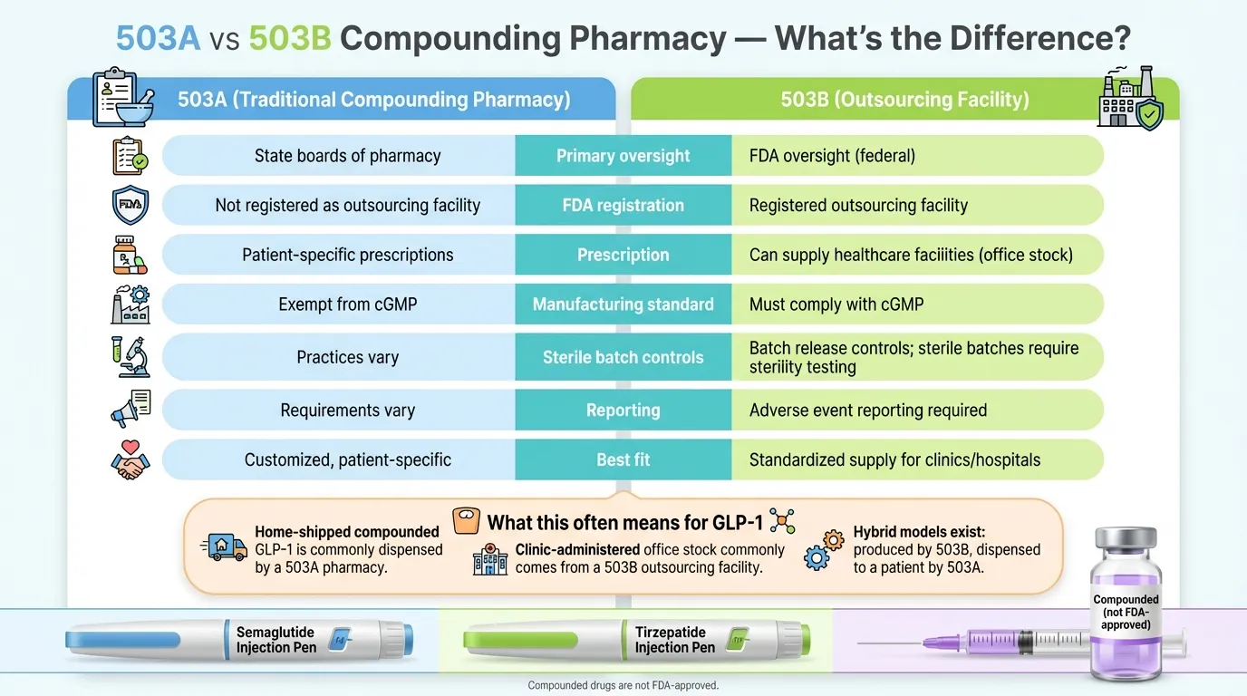 503A vs 503B compounding pharmacy side-by-side comparison infographic showing regulation, testing, and oversight differences