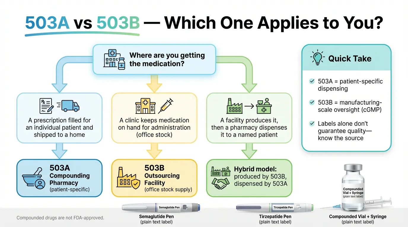 Decision guide showing which compounding pharmacy type - 503A or 503B - is right for your situation based on medication needs