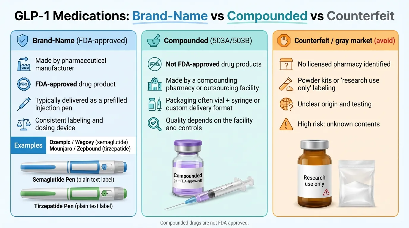 Comparison of FDA-approved brand-name GLP-1 medications versus compounded versions versus counterfeit products