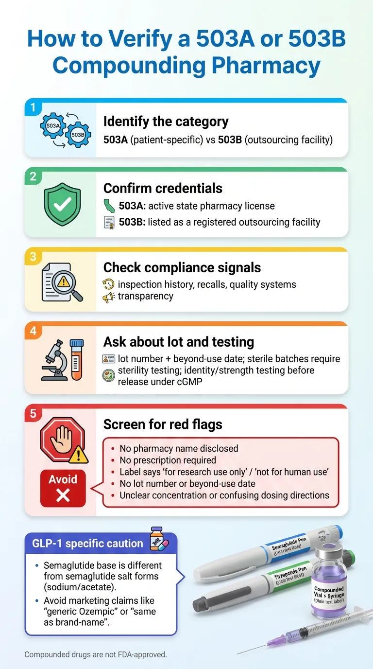 How to verify a 503A or 503B compounding pharmacy - 5-step verification checklist with red flags to watch for