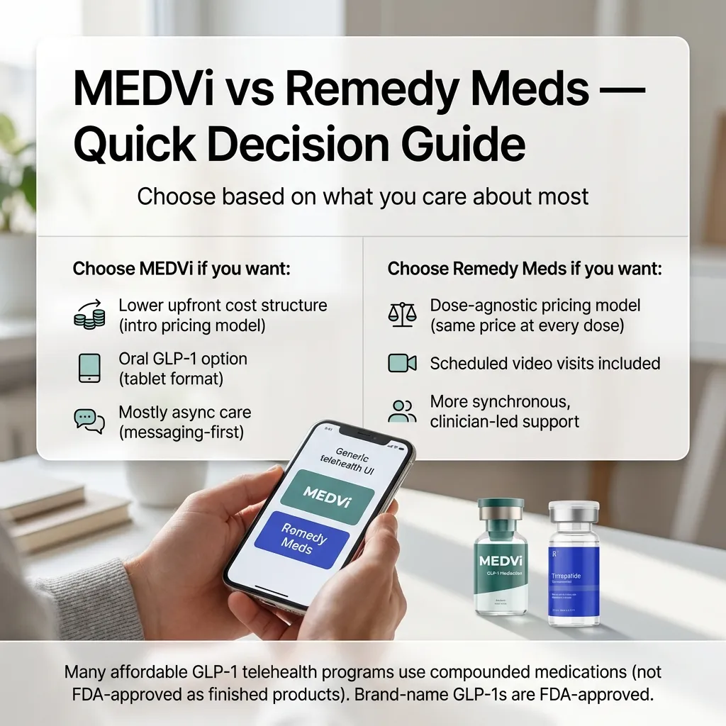 Decision guide for choosing between MEDVi and Remedy Meds based on your priorities and budget