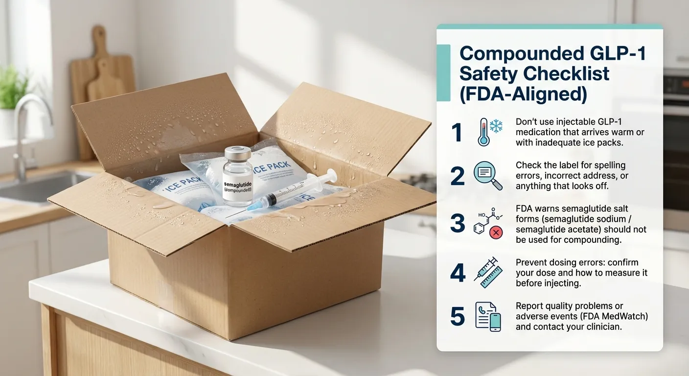 FDA safety checklist for compounded GLP-1 medications showing key warnings and verification steps