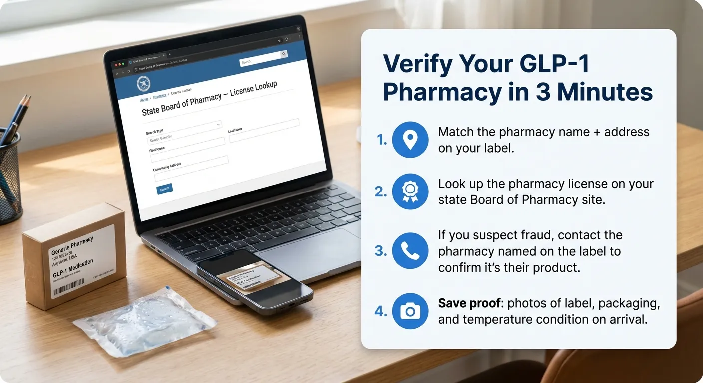 Pharmacy verification checklist showing 5 steps to verify your compounding pharmacy is licensed and legitimate