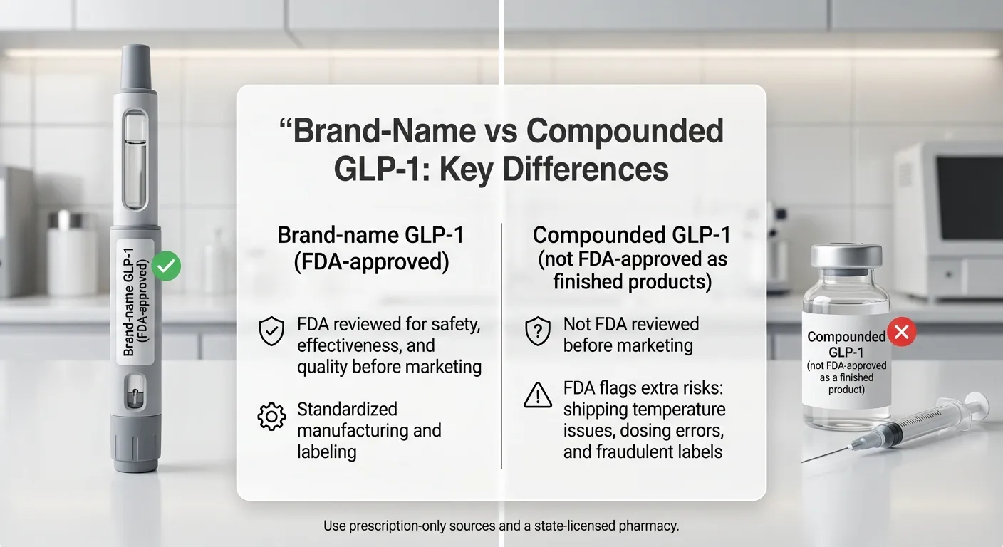 Infographic explaining the difference between brand-name FDA-approved and compounded GLP-1 medications