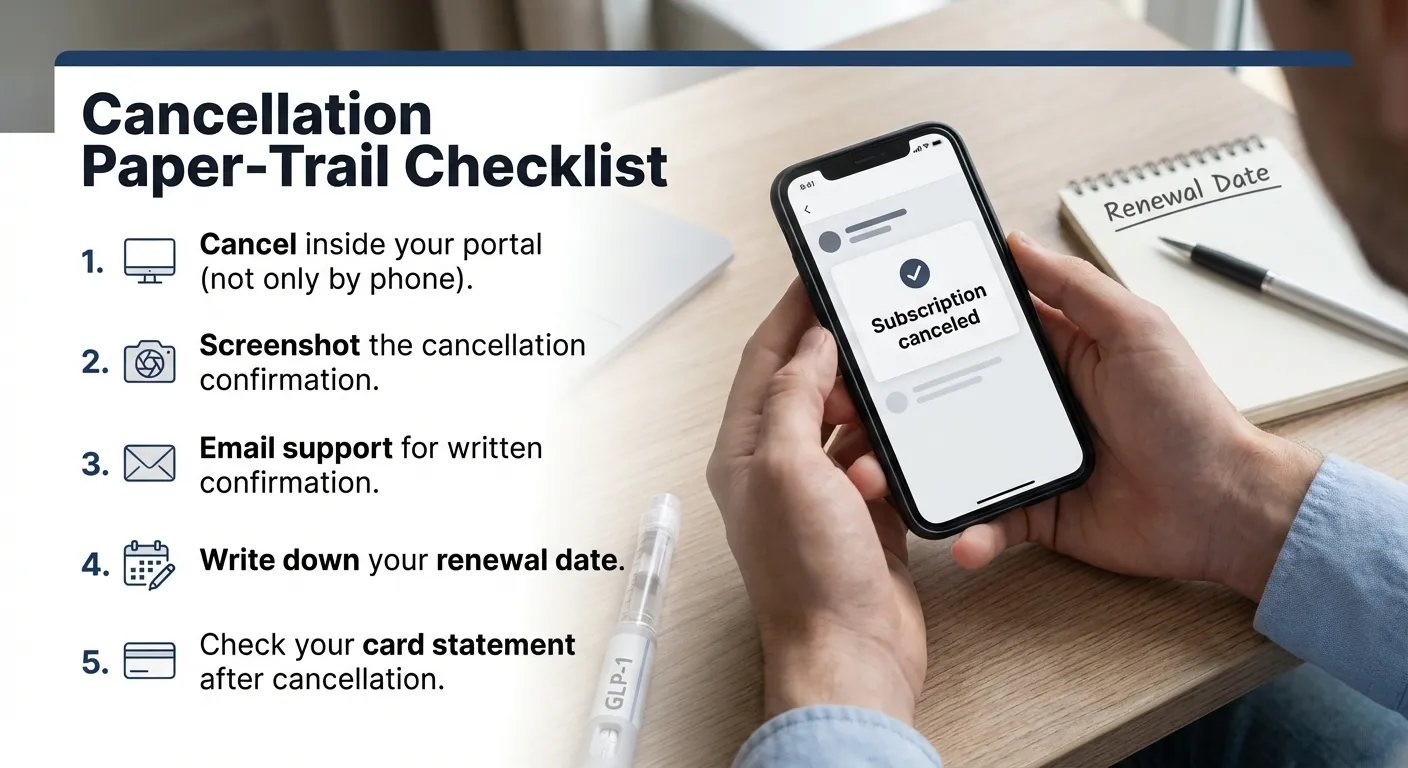 Cancellation policy comparison checklist for MEDVi and Remedy Meds showing key deadlines and refund rules