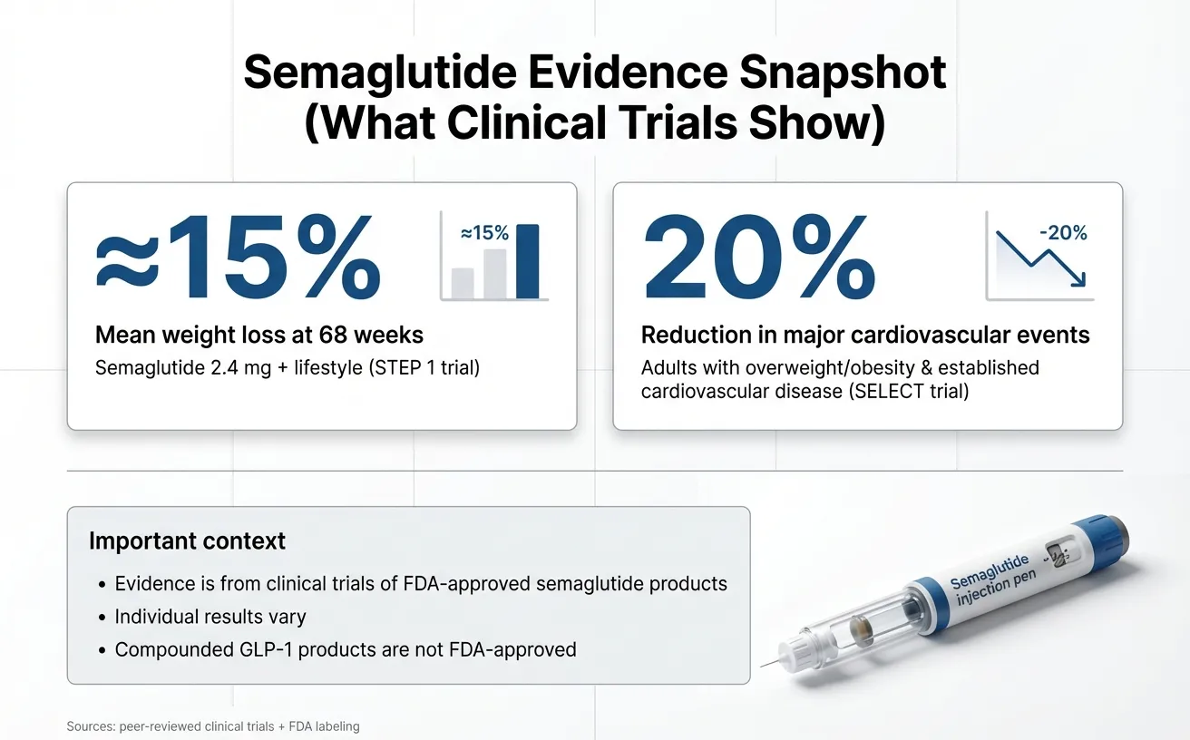 Clinical evidence infographic showing semaglutide weight loss results from STEP trials, SELECT trial, and real-world data