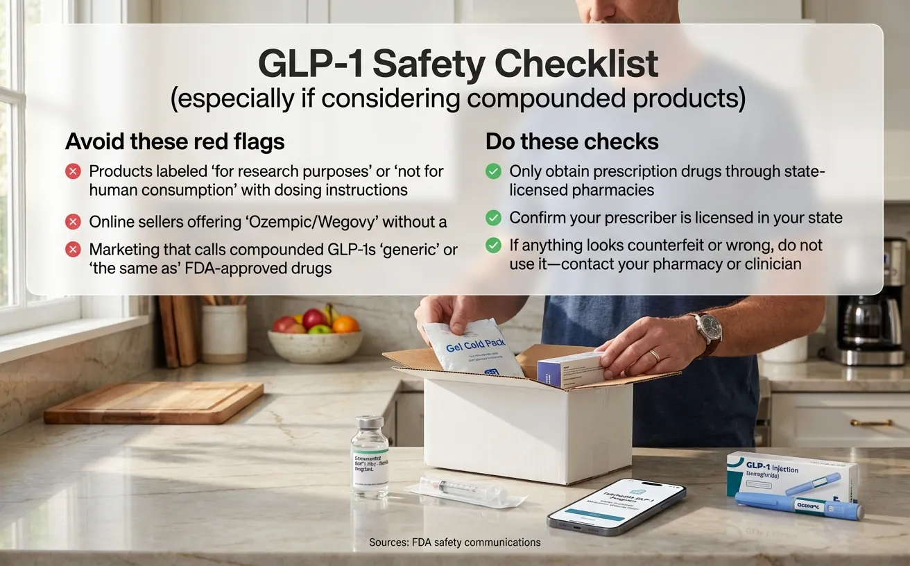 Safety checklist infographic for GLP-1 medications showing common and serious side effects