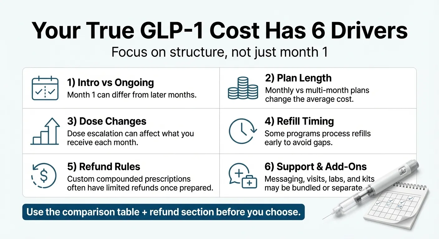 Six cost drivers that determine your true GLP-1 medication cost including plan length, medication type, and shipping