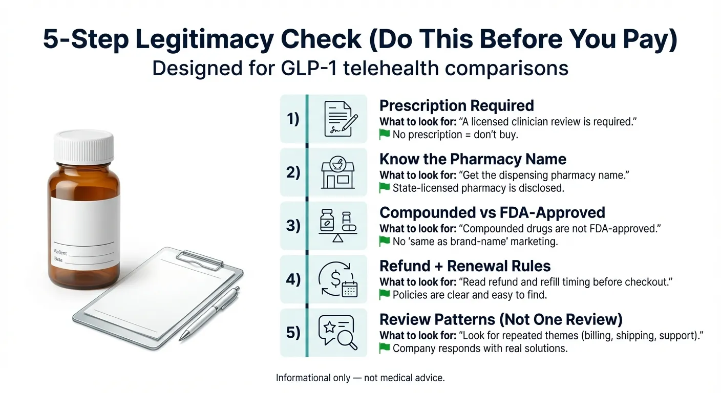 5-step legitimacy check for verifying GLP-1 telehealth providers like MEDVi and Yucca Health