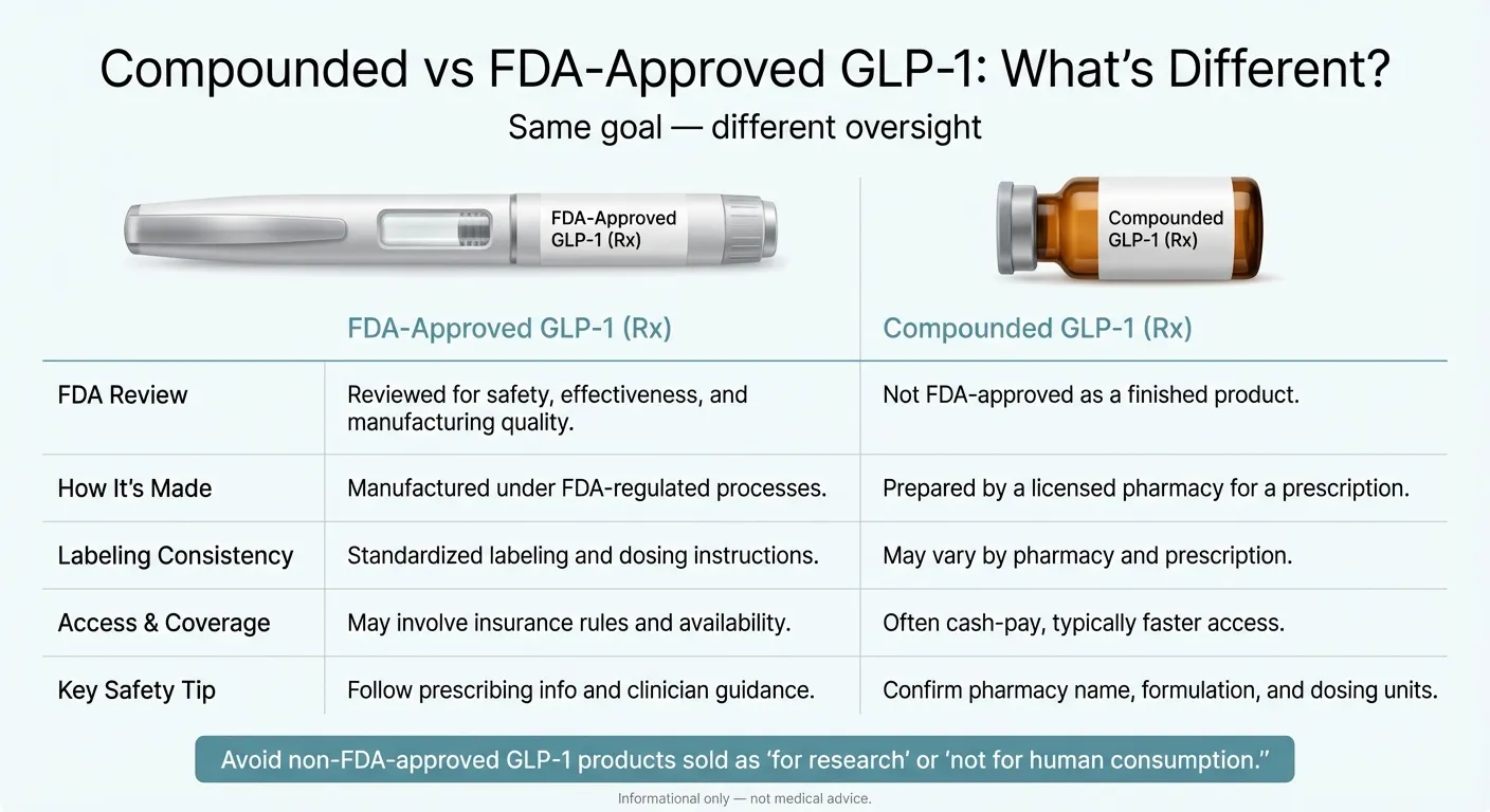 Comparison between compounded and FDA-approved GLP-1 medications showing key differences in regulation, cost, and availability