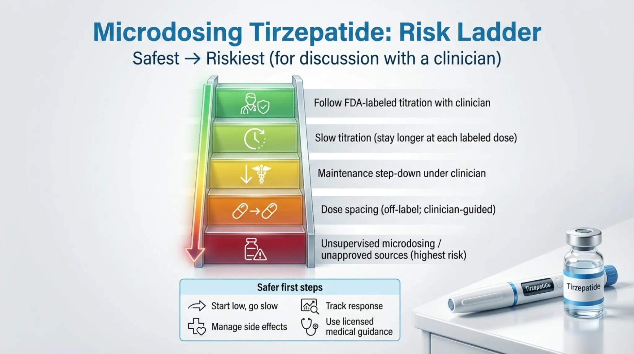 Microdosing tirzepatide risk ladder showing safest to riskiest approaches from FDA-labeled titration down to unsupervised microdosing