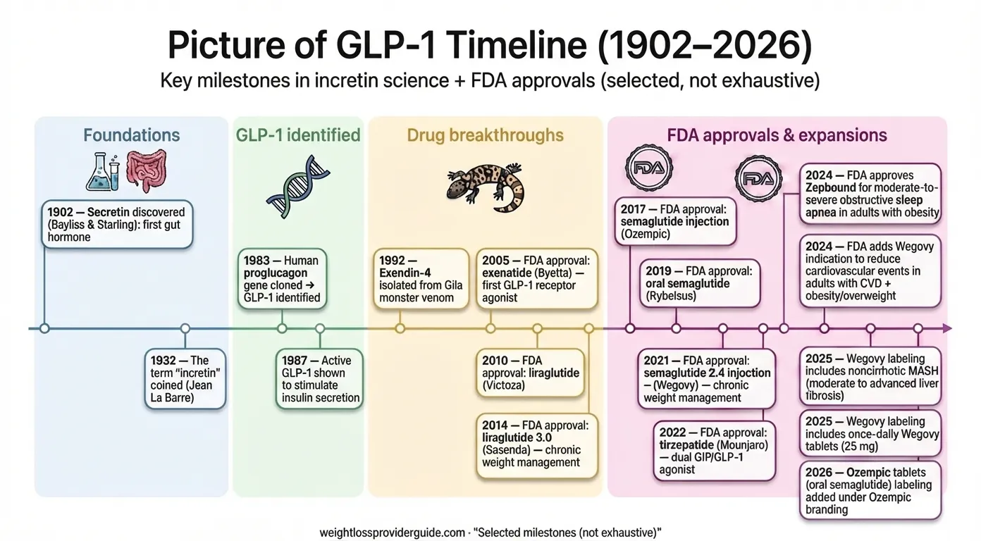 Picture of GLP-1 timeline from 1902 to 2026 showing every major milestone in GLP-1 drug history