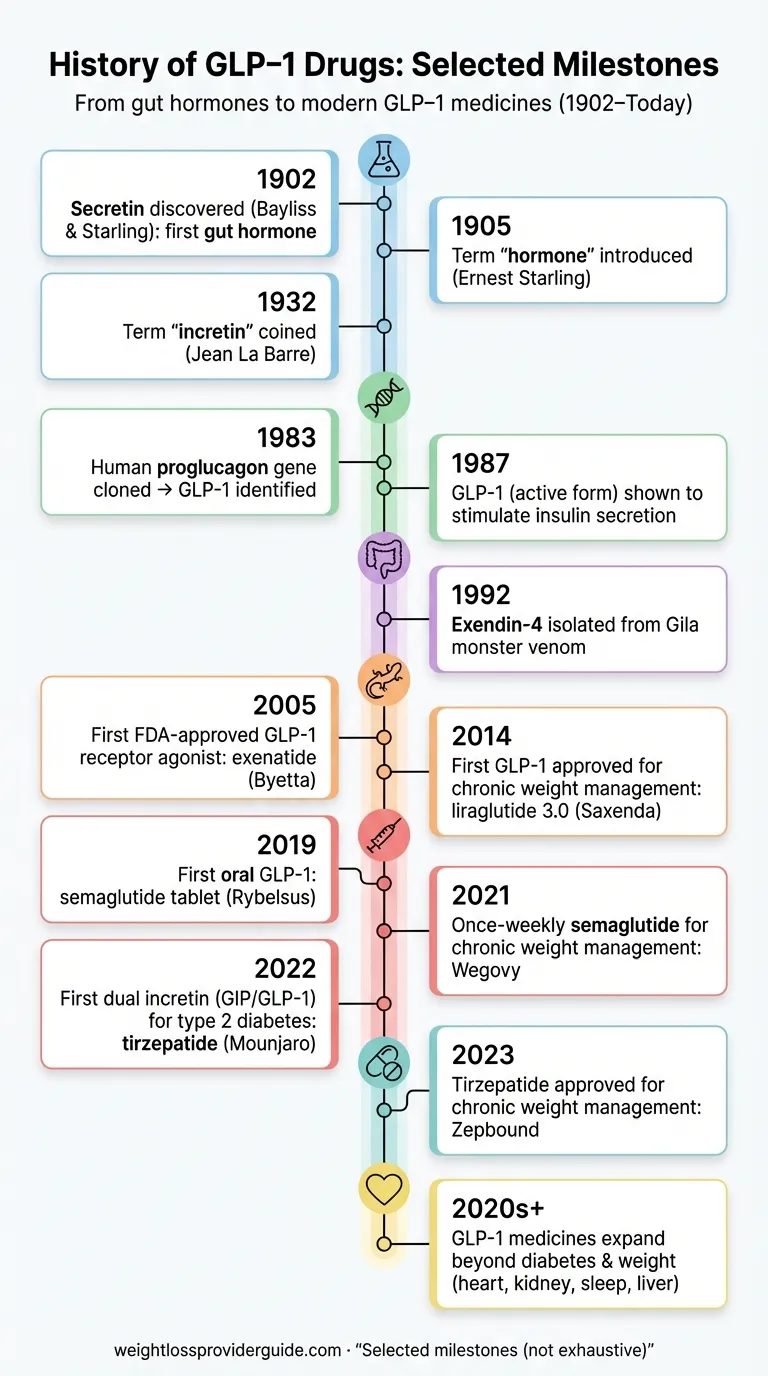 GLP-1 drug history milestones infographic from gut hormone discovery to modern medicines
