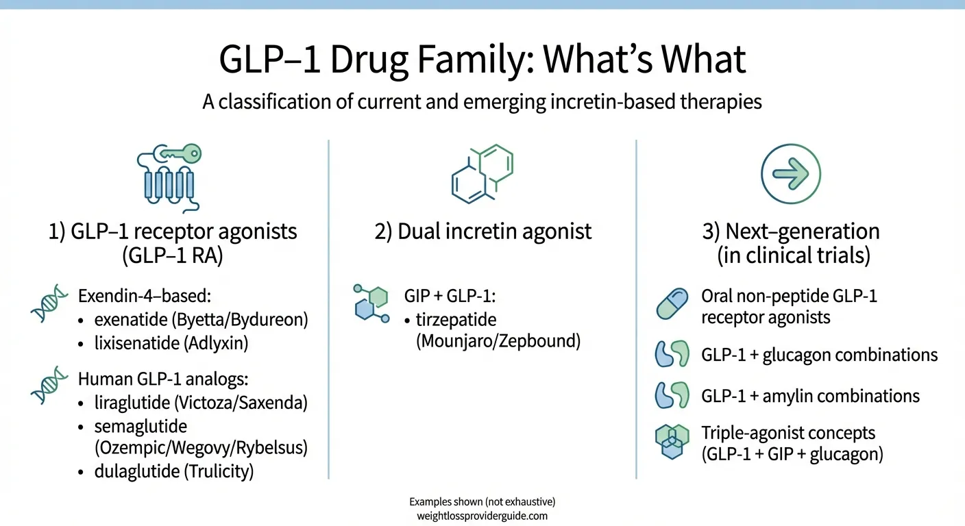 GLP-1 drug family tree showing classification of all FDA-approved GLP-1 receptor agonists and dual agonists