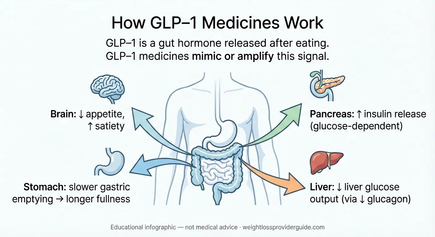 How GLP-1 drugs work mechanism of action diagram showing brain appetite pancreas insulin stomach and liver effects