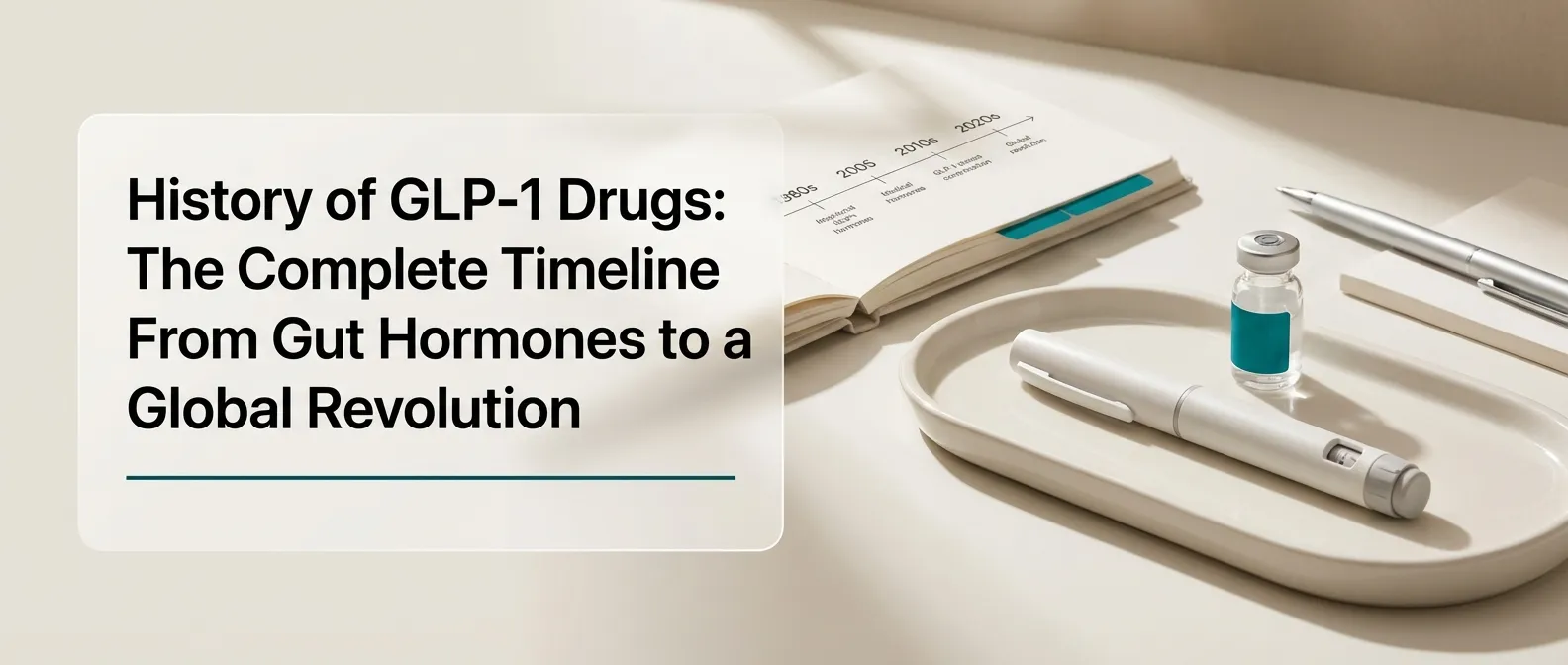 History of GLP-1 drugs complete timeline showing injection pen vial and research notebook