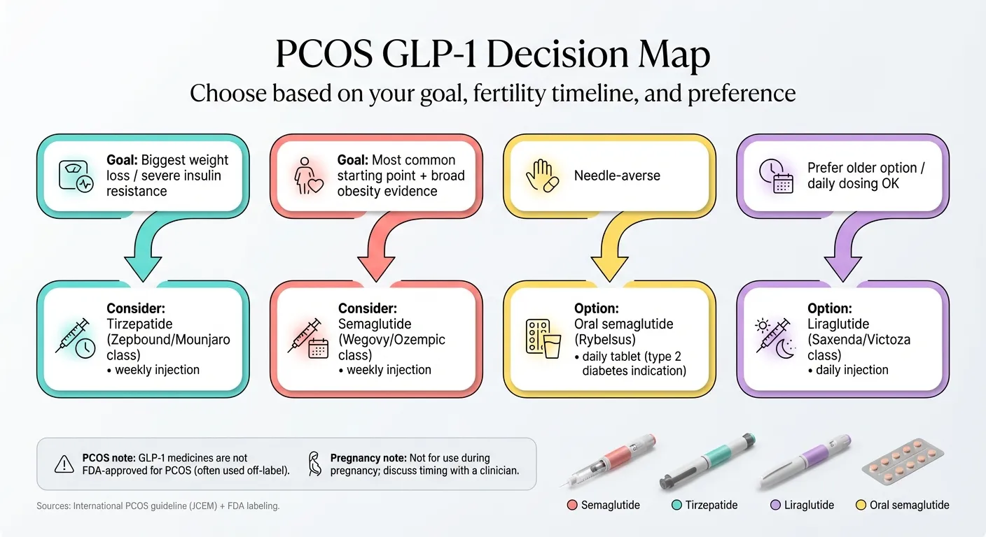 PCOS GLP-1 decision map — choose based on your goal, fertility timeline, and preference