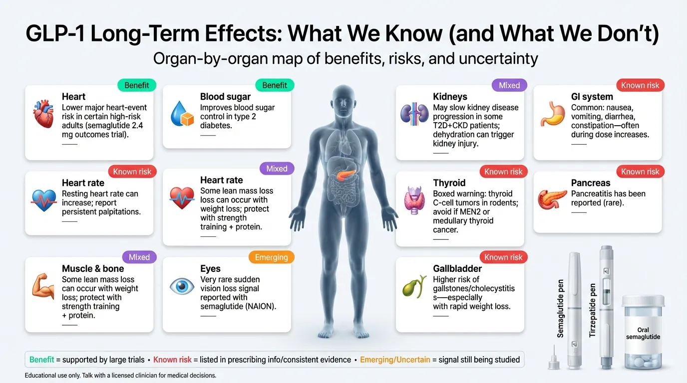Long-term effects of GLP-1 drugs organized by body system with evidence grading