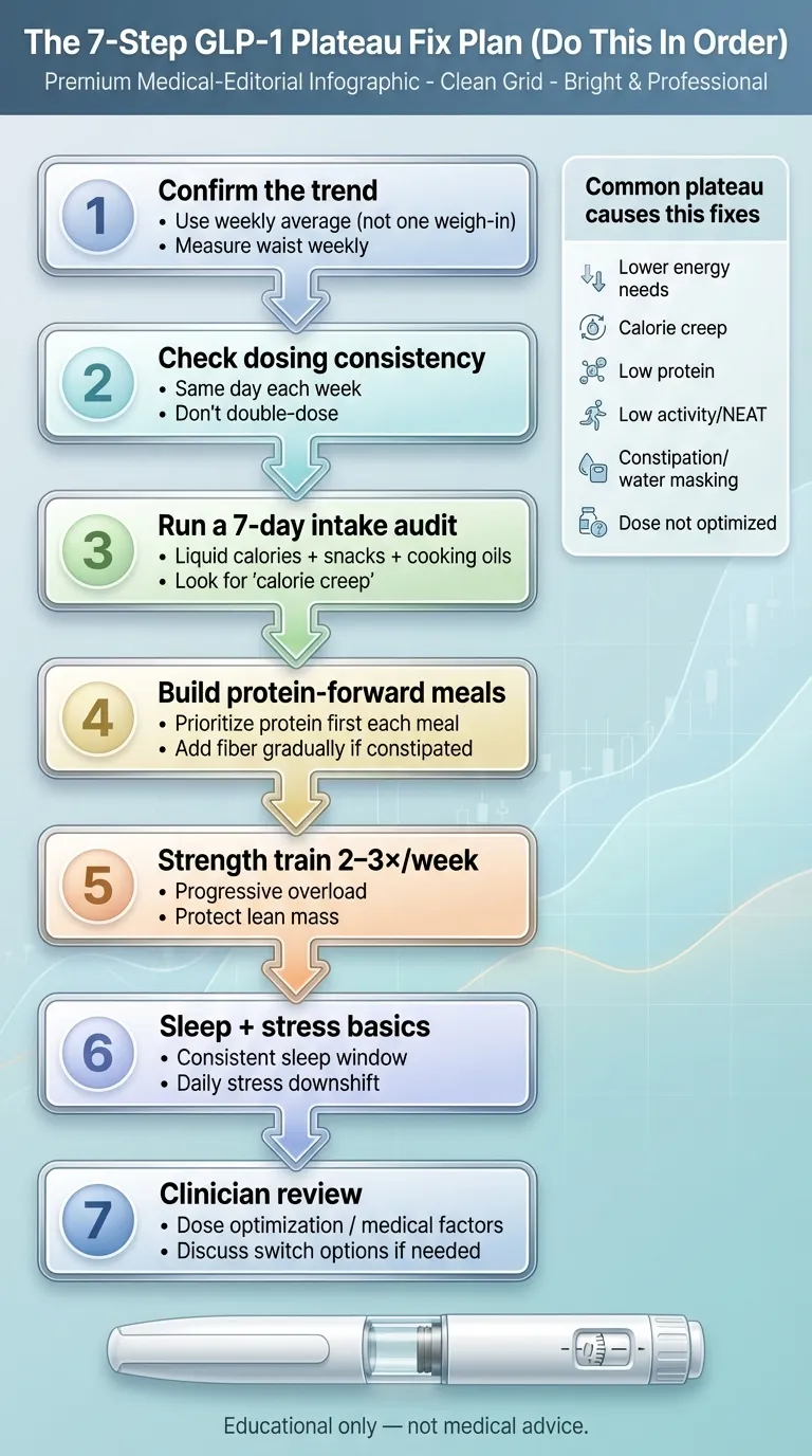 The 7-step GLP-1 plateau fix plan infographic: confirm trend, check dosing, audit intake, build protein meals, strength train, sleep and stress, clinician review