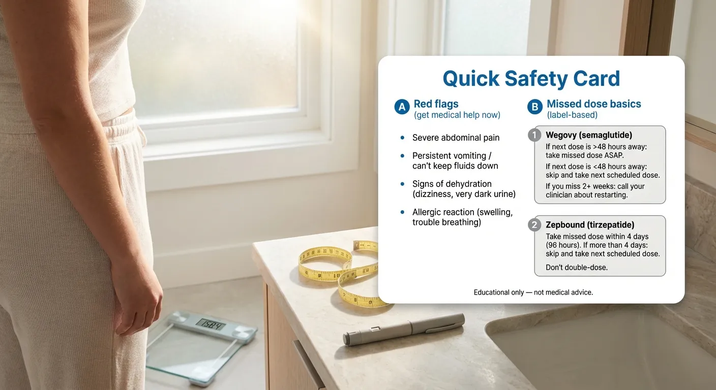 GLP-1 quick safety card: red flags requiring medical help and missed dose basics for Wegovy and Zepbound