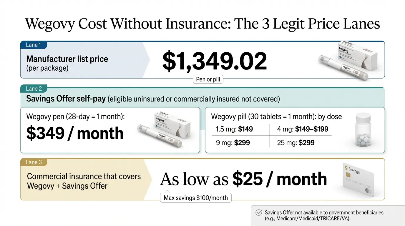 Wegovy cost without insurance showing 3 legitimate price lanes - list price $1,349.02, self-pay $349 per month for pen and $149-$299 for pill, and insurance plus savings offer as low as $25 per month