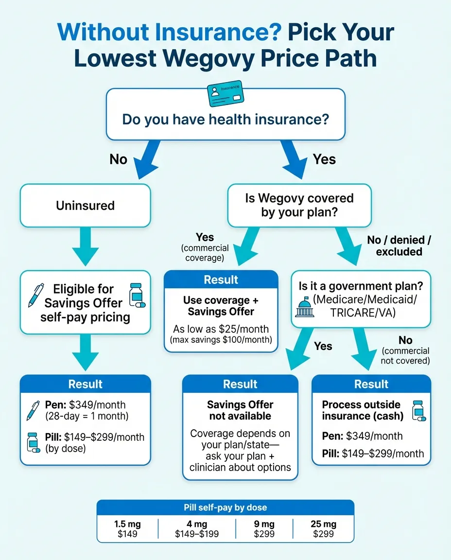 Wegovy pricing decision flowchart - pick your lowest price path based on insurance status showing uninsured, commercially insured, and government insurance pathways with self-pay prices by dose