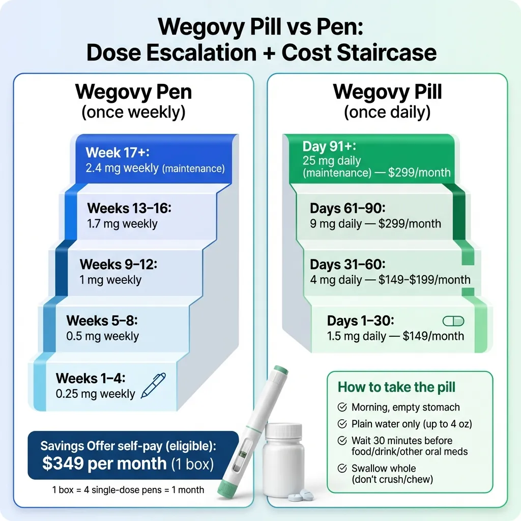 Wegovy pill vs pen dose escalation and cost staircase comparison showing weekly injection doses from 0.25mg to 2.4mg at $349 per month and daily pill doses from 1.5mg to 25mg at $149 to $299 per month