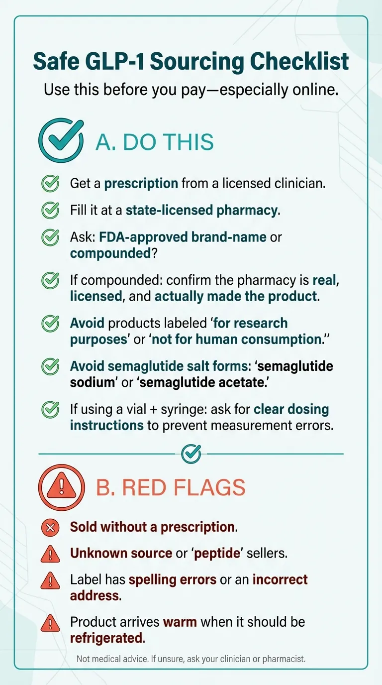 Safe GLP-1 sourcing checklist: what to do and red flags to avoid when buying GLP-1 medications online