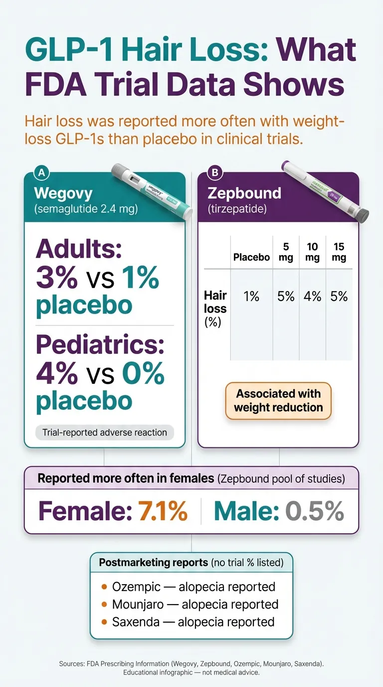 GLP-1 hair loss FDA trial data infographic showing Wegovy 3% vs 1% placebo and Zepbound 4-5% vs 1% placebo hair loss rates