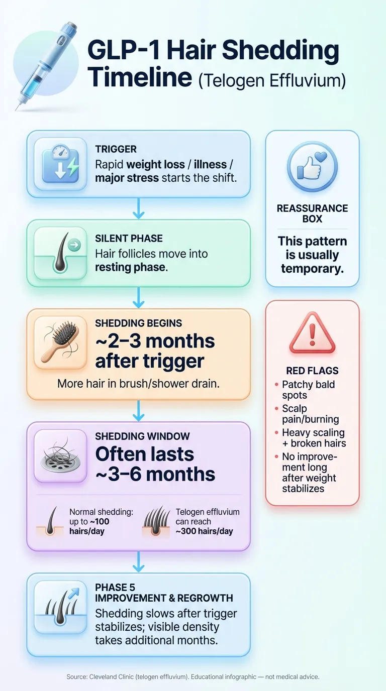 GLP-1 hair shedding timeline infographic showing telogen effluvium phases from trigger through recovery over 3 to 12 months