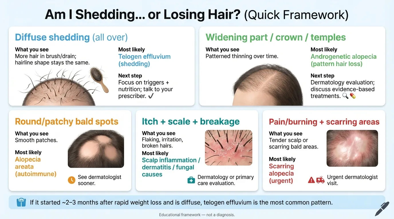 Am I shedding or losing hair diagnostic framework showing diffuse shedding, widening part, patchy bald spots, and scalp conditions