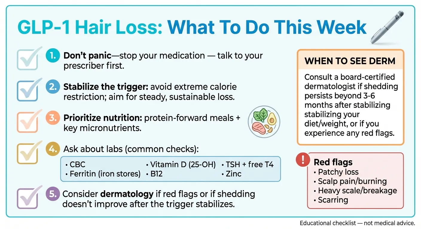 GLP-1 hair loss action plan checklist: don't panic, stabilize trigger, prioritize nutrition, get labs, consider dermatology