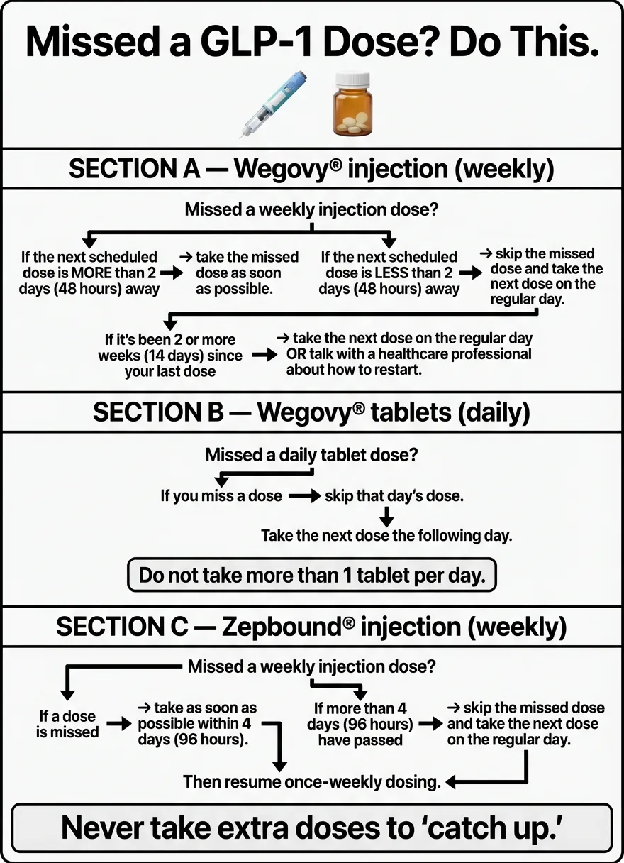 Missed a GLP-1 Dose? Do This. Decision flowchart for Wegovy injection (weekly), Wegovy tablets (daily), and Zepbound injection (weekly) showing when to take missed dose and when to skip
