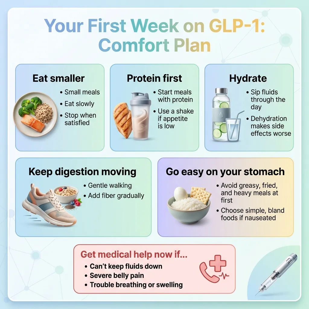 Your First Week on GLP-1: Comfort Plan infographic showing eat smaller meals, protein first, hydrate, keep digestion moving with gentle walking, go easy on your stomach, and when to get medical help