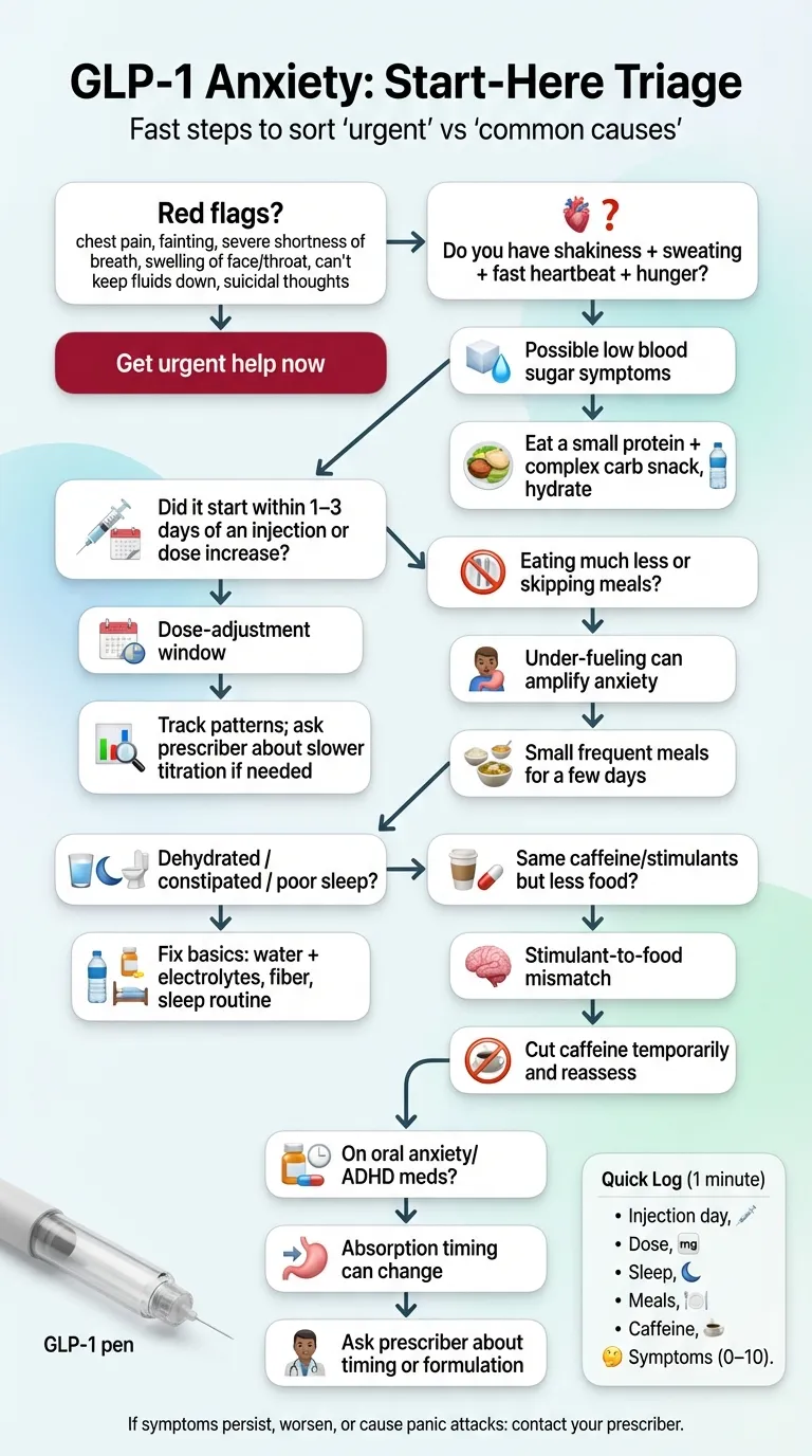 GLP-1 anxiety triage flowchart showing when to seek urgent care vs. when symptoms may be manageable