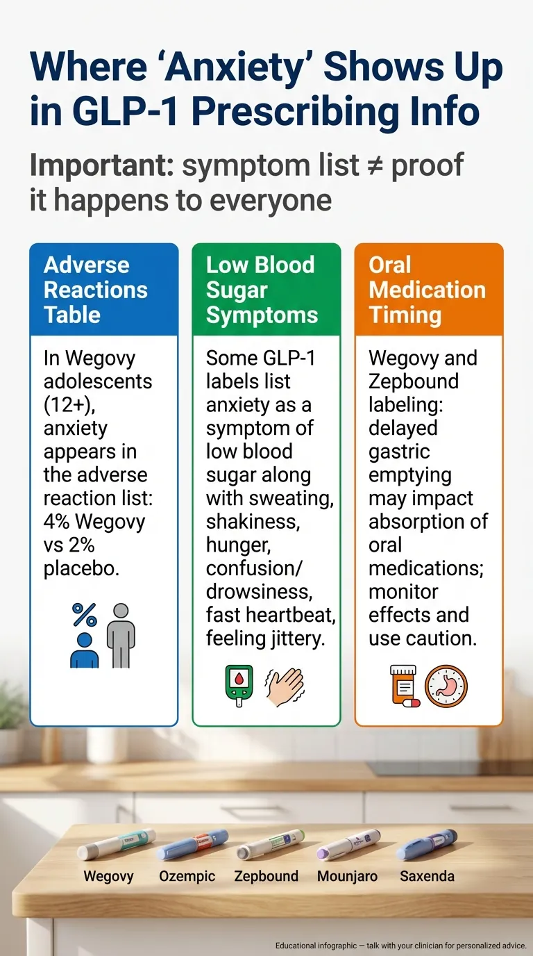 GLP-1 anxiety scenario classification showing five categories from early adjustment to red flag symptoms