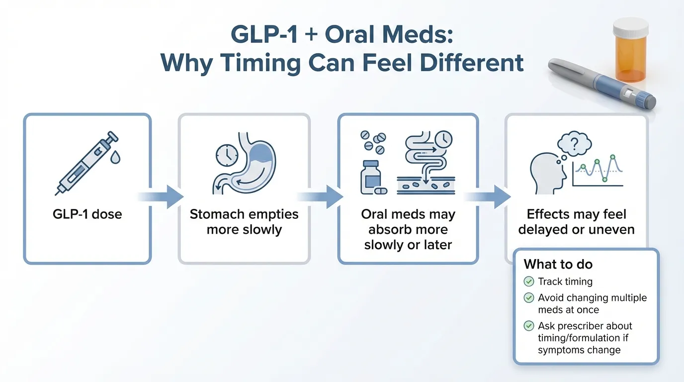 GLP-1 medication interaction diagram showing how delayed gastric emptying affects absorption of SSRIs, benzodiazepines, ADHD stimulants, and other oral medications
