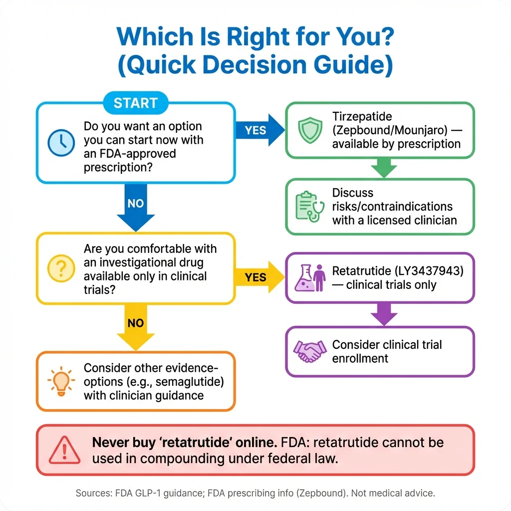 Tirzepatide vs retatrutide decision framework - which GLP-1 medication is right for you flowchart