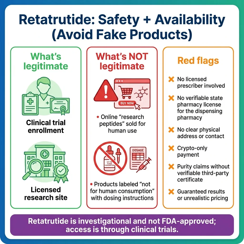Retatrutide safety and availability infographic explaining clinical-trial-only access and scam red flags