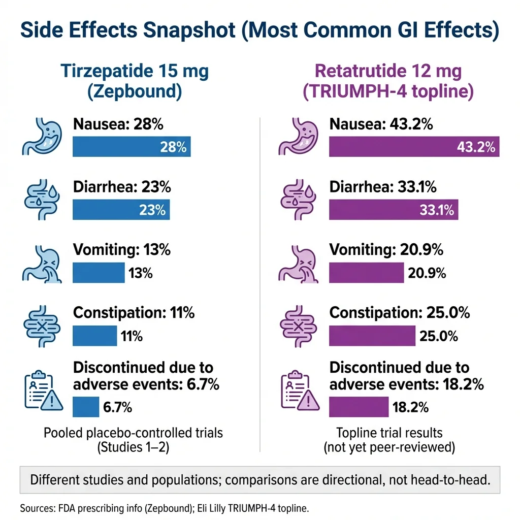 Tirzepatide vs retatrutide side effects comparison - nausea, diarrhea, vomiting rates from clinical trials