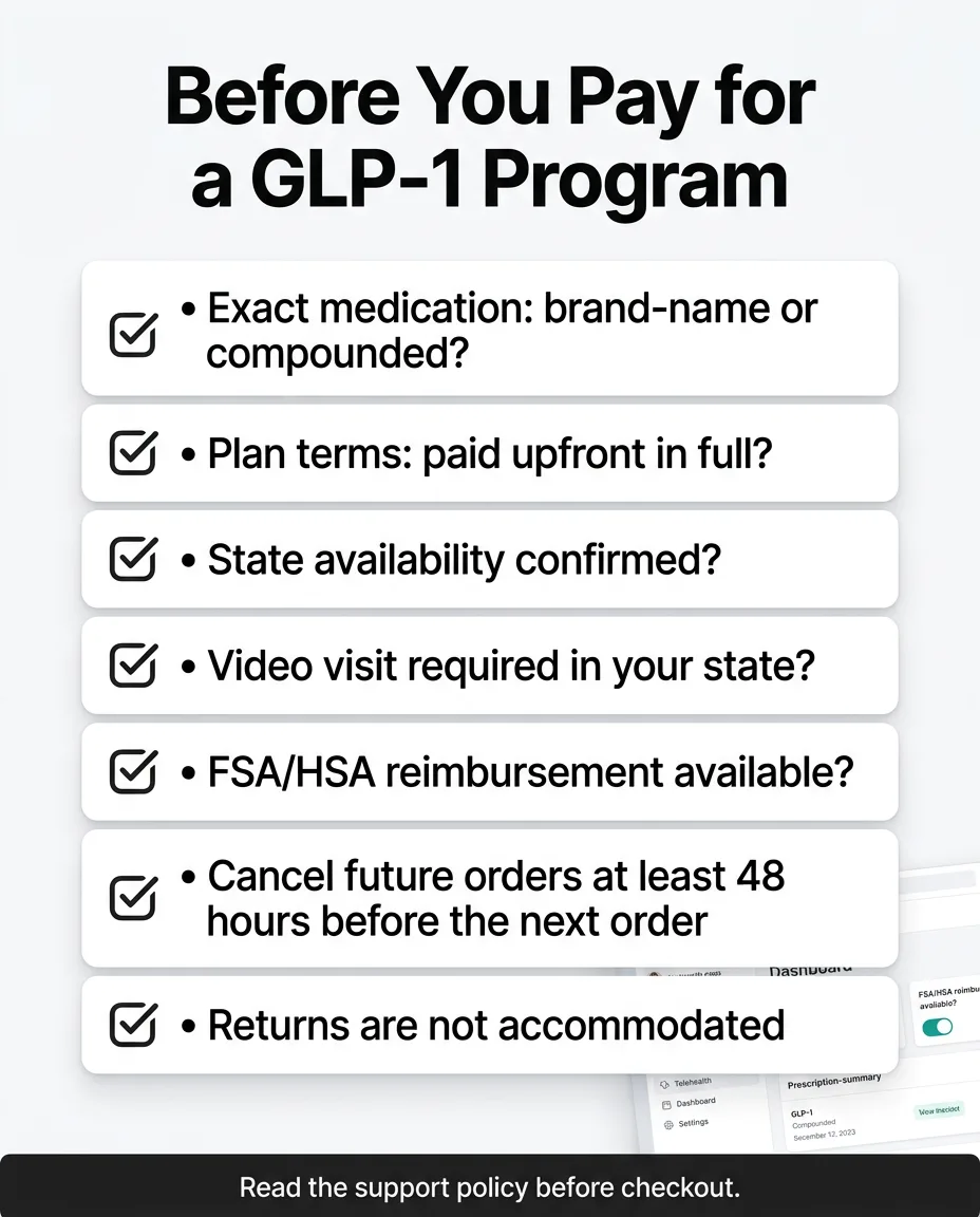 Before you pay — GLP-1 program safety checklist covering prescription requirements, pharmacy verification, and red flags to avoid
