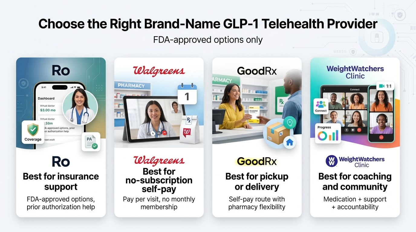 Choose the Right Brand-Name GLP-1 Telehealth Provider — FDA-approved options only. Four providers shown: Ro (best for insurance support, FDA-approved options, prior authorization help); Walgreens (best for no-subscription self-pay, pay per visit no monthly membership); GoodRx (best for pickup or delivery, self-pay route with pharmacy flexibility); WeightWatchers Clinic (best for coaching and community, medication plus support plus accountability).