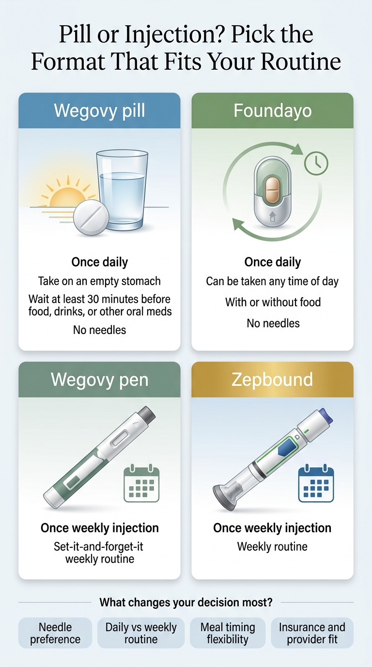 Pill or Injection? Pick the Format That Fits Your Routine. Wegovy pill: once daily, take on an empty stomach, wait at least 30 minutes before food, drinks, or other oral meds, no needles. Foundayo: once daily, can be taken any time of day, with or without food, no needles. Wegovy pen: once weekly injection, set-it-and-forget-it weekly routine. Zepbound: once weekly injection, weekly routine. What changes your decision most: needle preference, daily vs weekly routine, meal timing flexibility, insurance and provider fit.