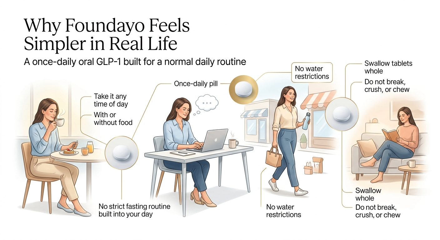 Why Foundayo Feels Simpler in Real Life: A once-daily oral GLP-1 built for a normal daily routine. Take it any time of day, with or without food, no water restrictions, swallow tablets whole. No strict fasting routine built into your day.
