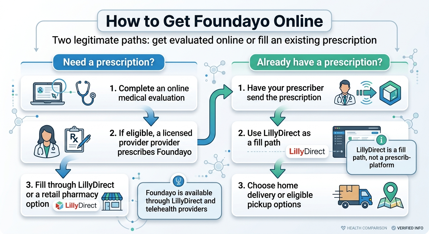 How to Get Foundayo Online: Two paths — Need a prescription: complete online evaluation → licensed provider prescribes → fill through LillyDirect or retail pharmacy. Already have a prescription: have prescriber send Rx → use LillyDirect as fill path → choose home delivery or pharmacy pickup.