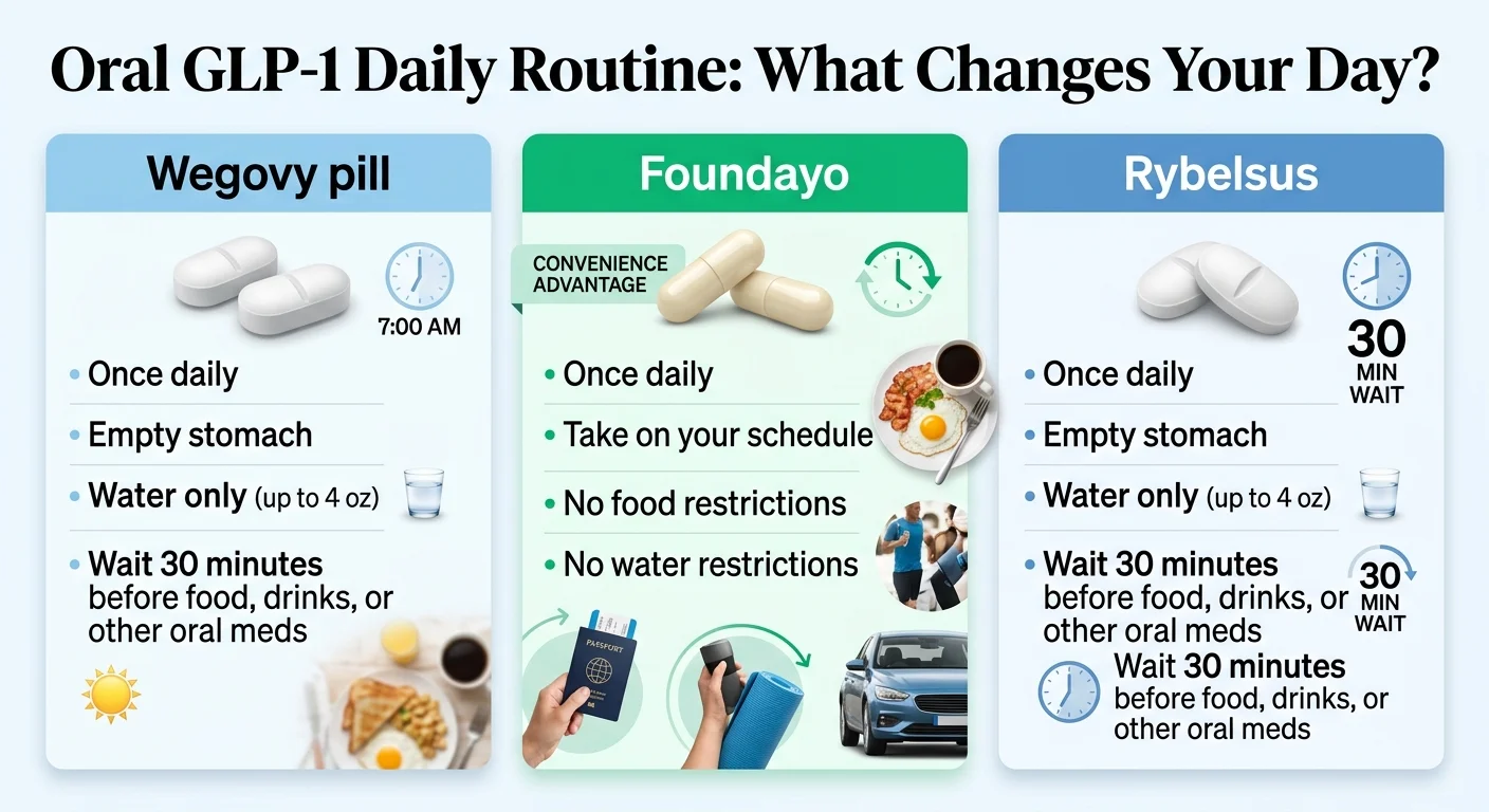 Oral GLP-1 Daily Routine Comparison — what changes in your day. Left: Wegovy pill — once daily at 7:00 AM, empty stomach required, water only up to 4 oz, wait 30 minutes before food, drinks, or other oral meds. Center: Foundayo — convenience advantage, once daily, take on your schedule, no food restrictions, no water restrictions. Right: Rybelsus — once daily, empty stomach required, water only up to 4 oz, wait 30 minutes before food drinks or other oral meds.